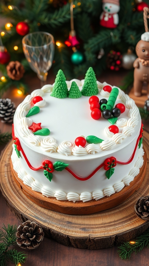 A festive New Year and Christmas cake decorated with marzipan and fondant, surrounded by holiday decorations.